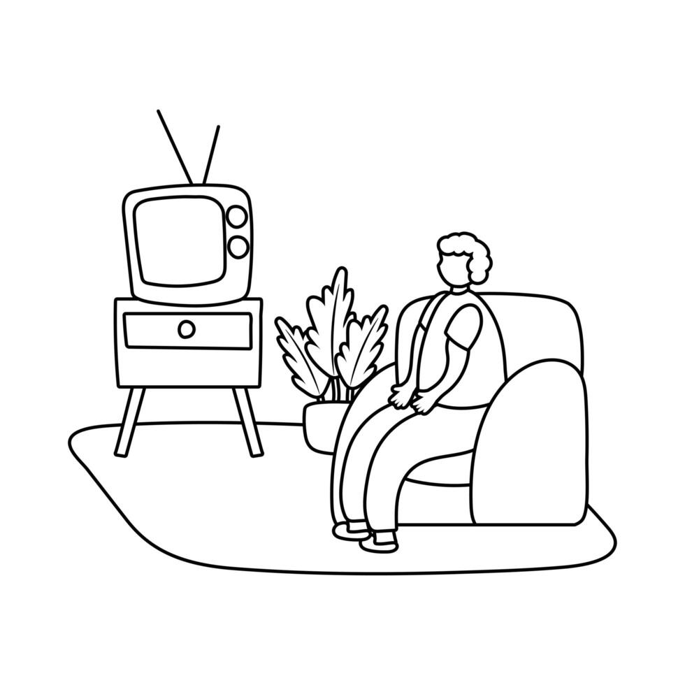 eldery man watching tv in home activity line style vector