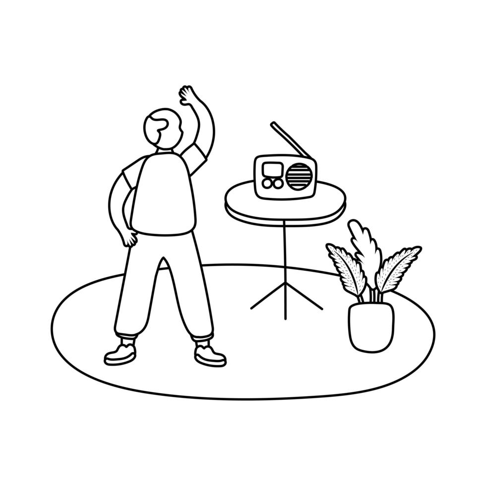 eldery man listening radio in home activity line style vector