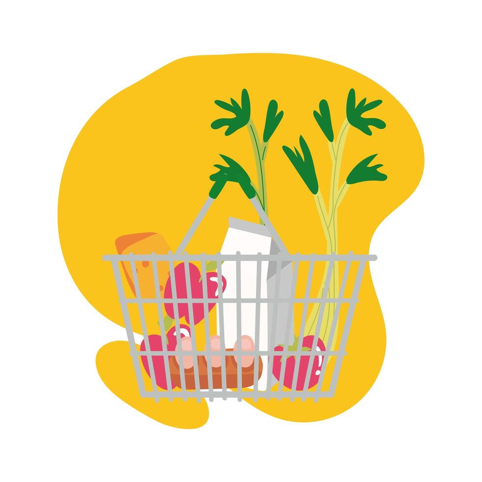 groceries in metalic basket block style vector