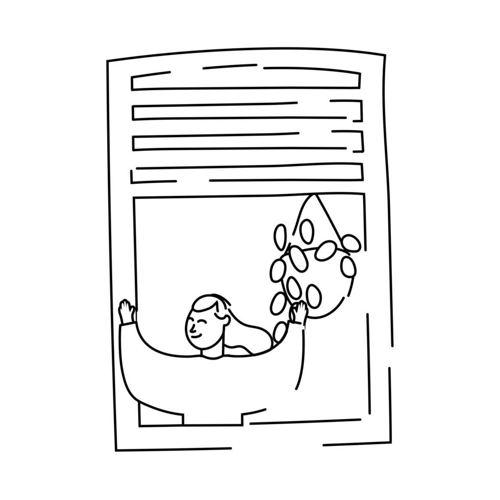 woman in apartment window for quarantine line style vector