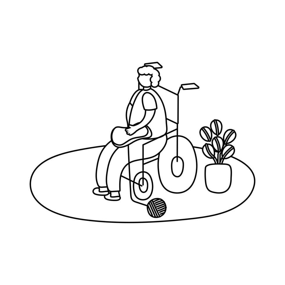 eldery man in wheelchair at home activity line style vector