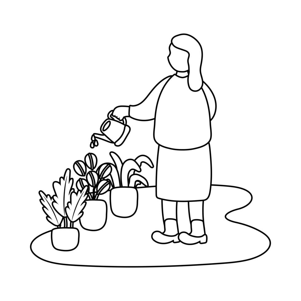 eldery woman care plants in home activity line style vector