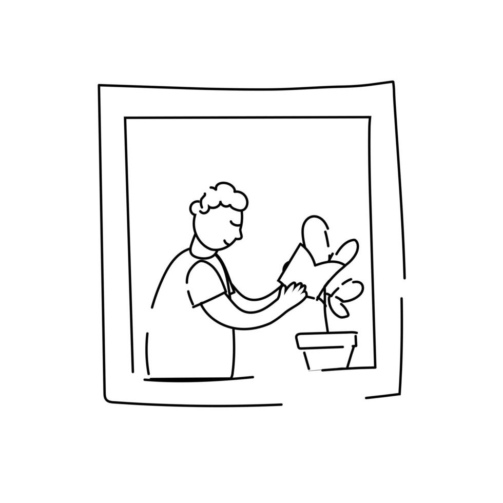 man reading book in apartment window for quarantine line style vector