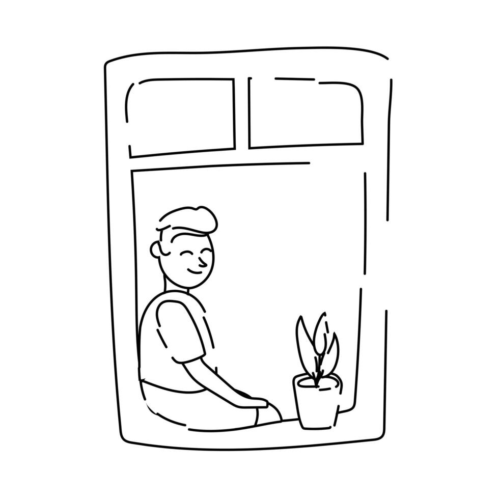 man seated in apartment window for quarantine line style vector