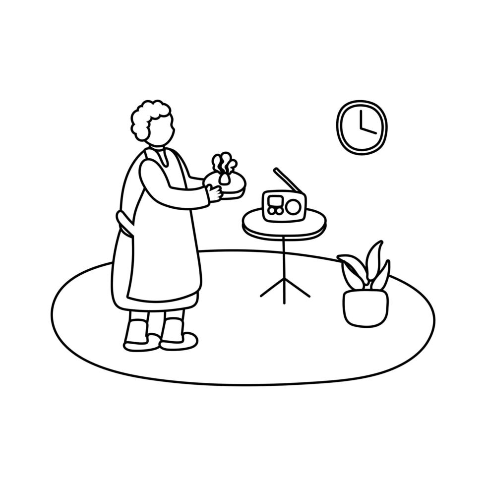Anciana cocinar pastel en estilo de línea de actividad en casa vector