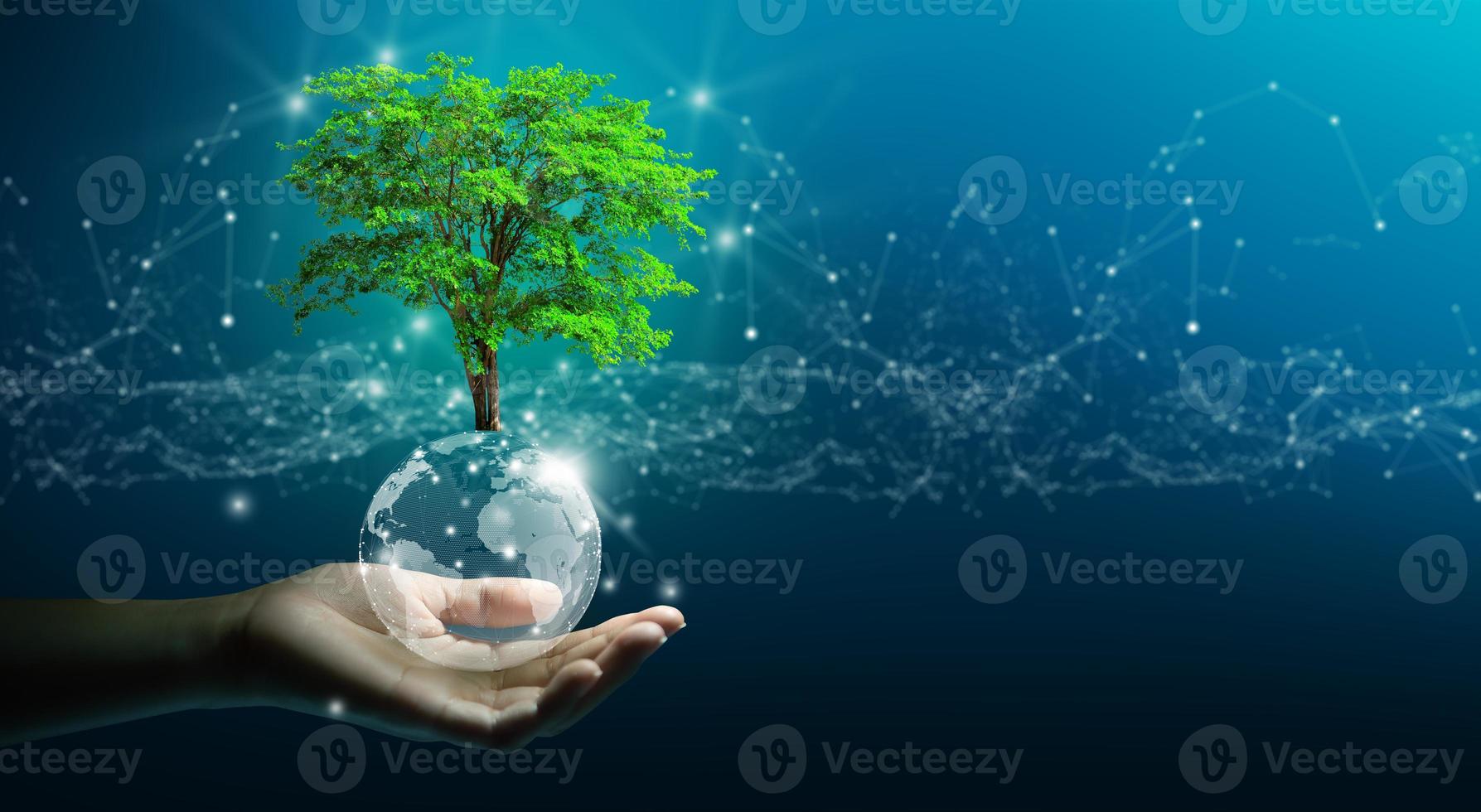 mano sosteniendo árbol en crecimiento en bola de cristal con convergencia tecnológica fondo azul tecnología innovadora naturaleza tecnología interacción amigable con el medio ambiente ética y concepto de ecosistema foto