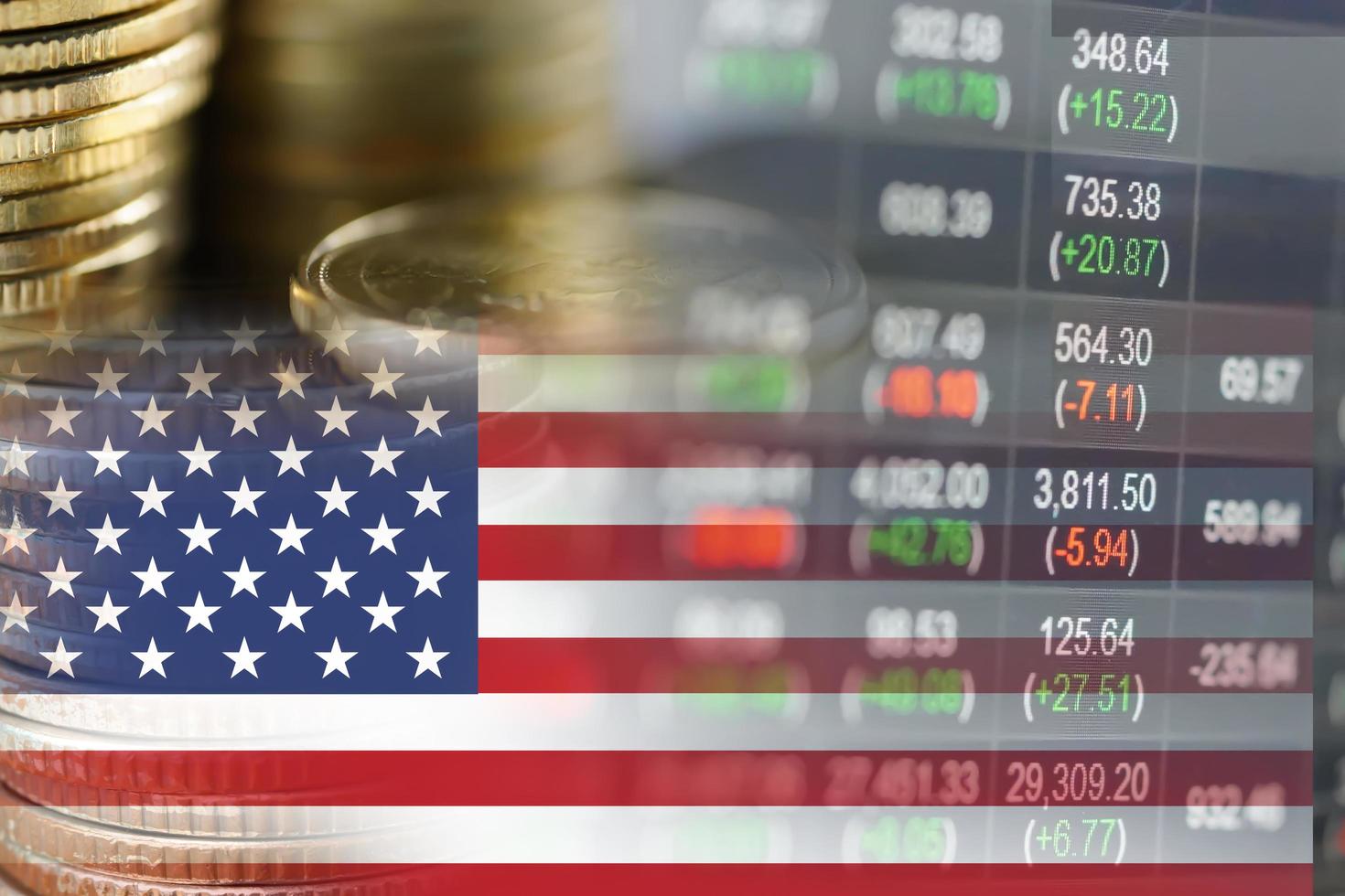 Inversión en el mercado de valores, comercio, moneda financiera y bandera de EE. foto