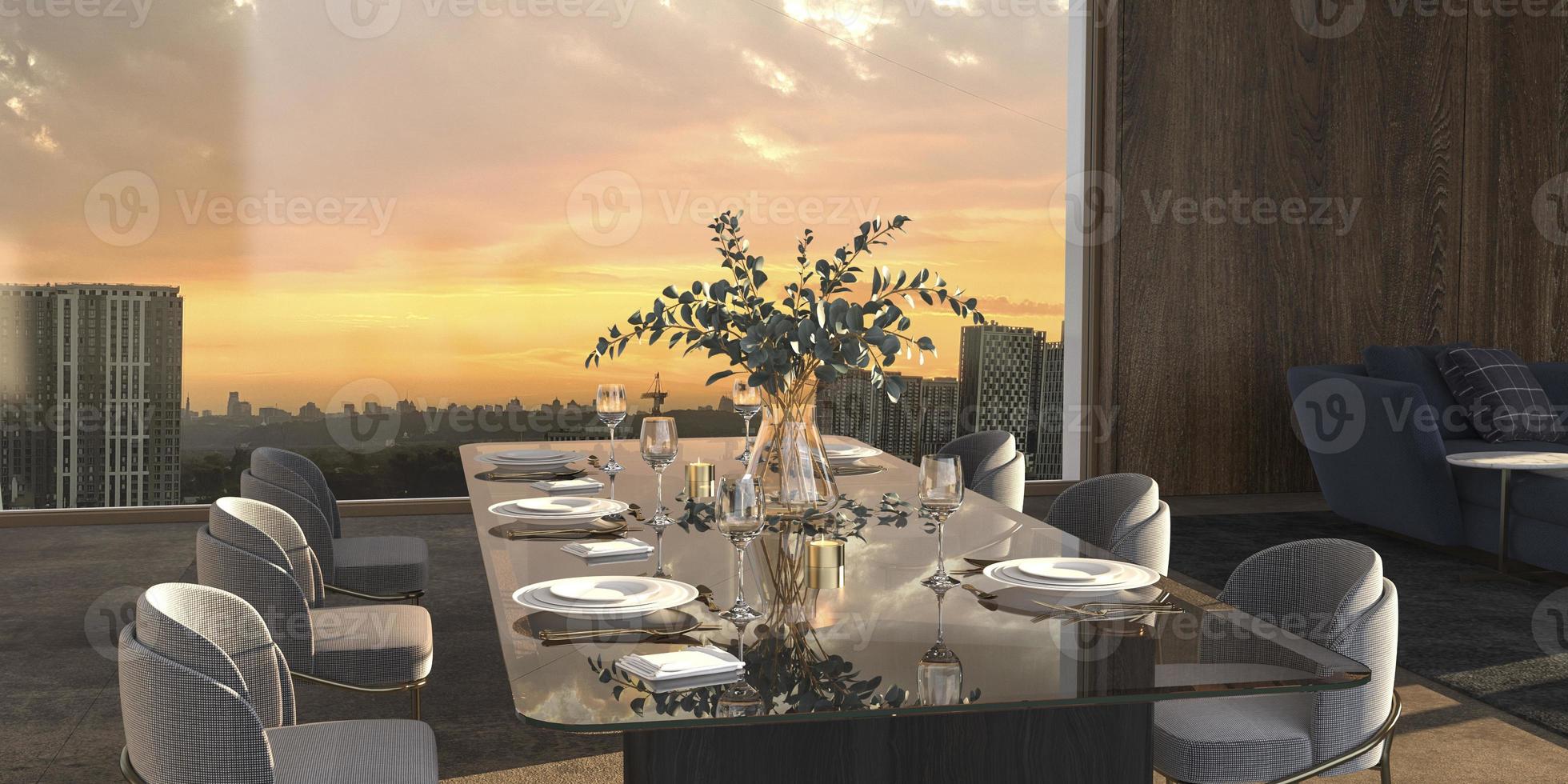 Luxury dining room with sunlight and city panorama background elegant 3d render illustration bright color interior design photo