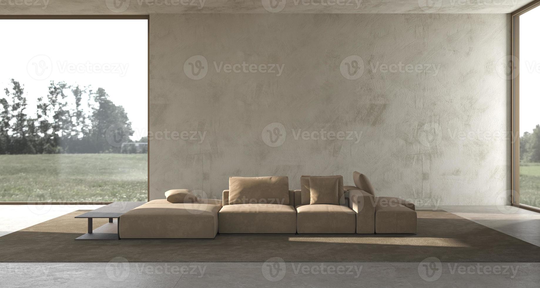 minimalismo interior moderno diseño escandinavo estudio luminoso sala de estar con pared de estuco simulacro y naturaleza panorámica vista de bosque fondo ilustración de renderizado 3d foto