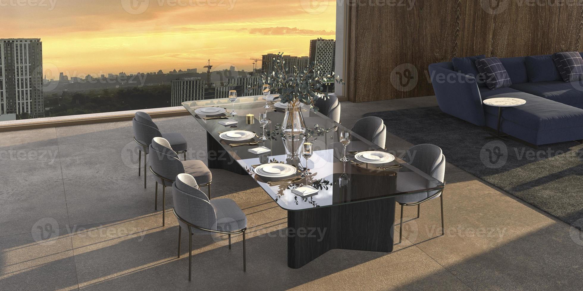 Comedor abierto de lujo con sol poniente y fondo panorámico de la ciudad con cielo nocturno Ilustración de renderizado 3D Diseño de interiores de color brillante foto