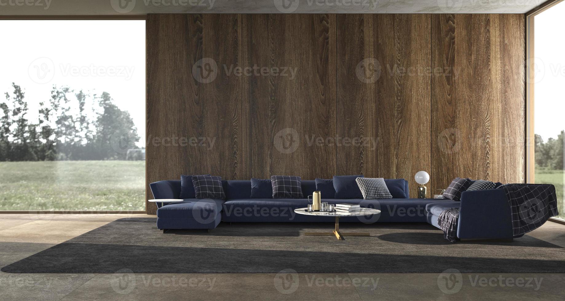 Fondo interior de lujo moderno con ventanas panorámicas y vistas a la naturaleza y pared de madera simulacro de diseño brillante sala de estar ilustración de render 3d foto