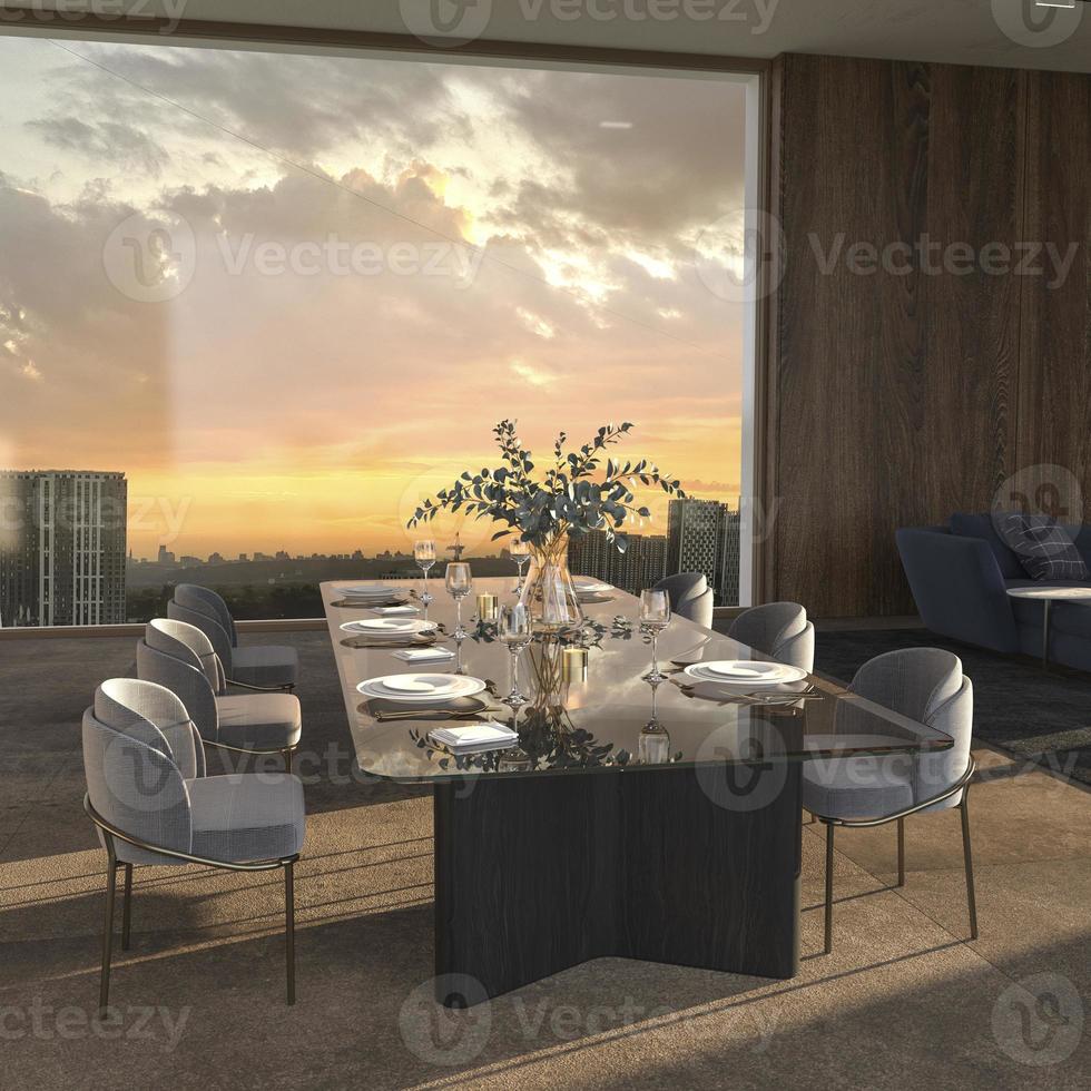 Comedor de lujo con sol y fondo de panorama de la ciudad y ventana grande con vista al cielo nocturno Ilustración de renderizado 3D Diseño de interiores de color brillante foto