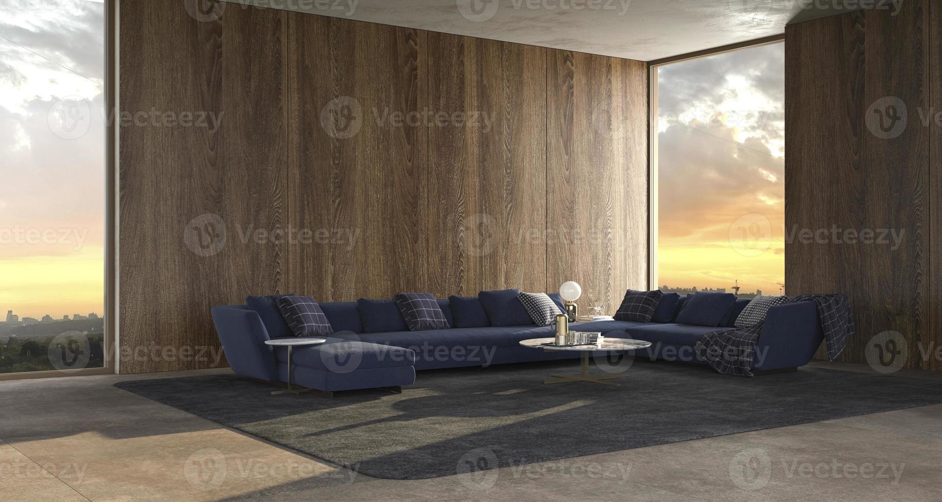 Fondo interior de lujo moderno con ventanas panorámicas y vista del atardecer y pared de madera simulacro de diseño brillante sala de estar ilustración de render 3d foto