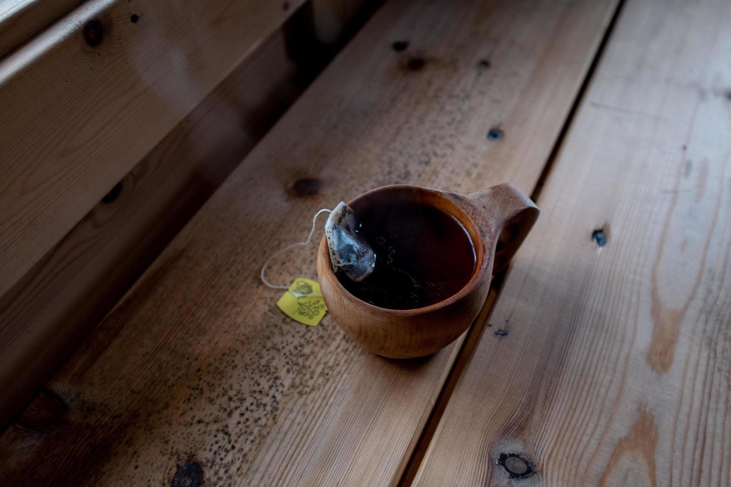 Hot tea in wooden cup photo