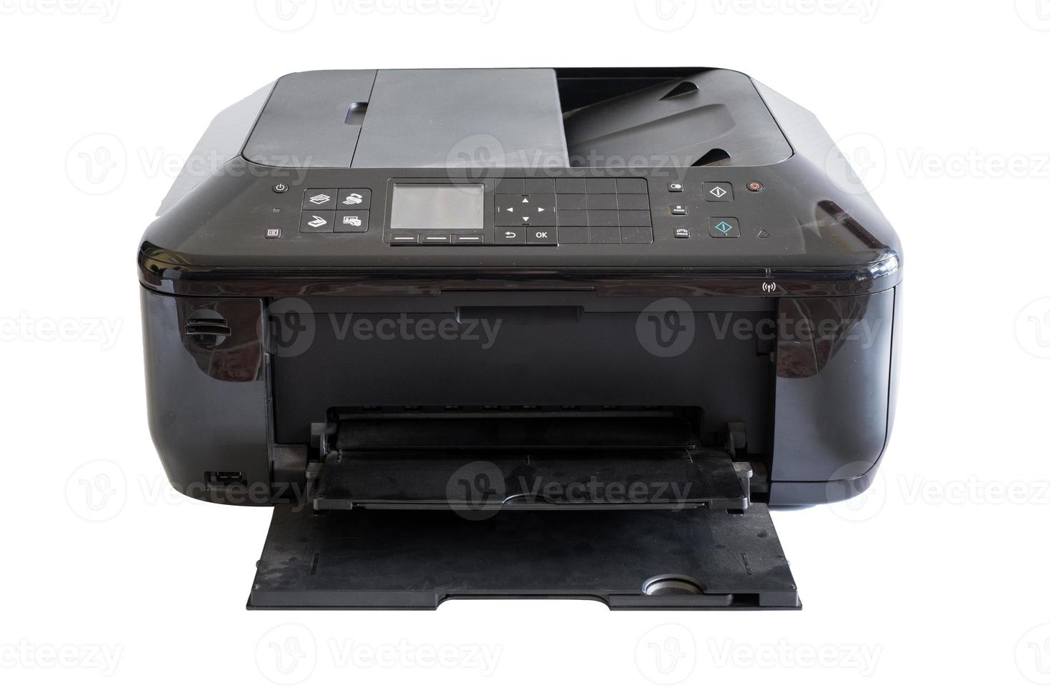Tóner de impresora de documentos negros y colores, aislado sobre fondo foto
