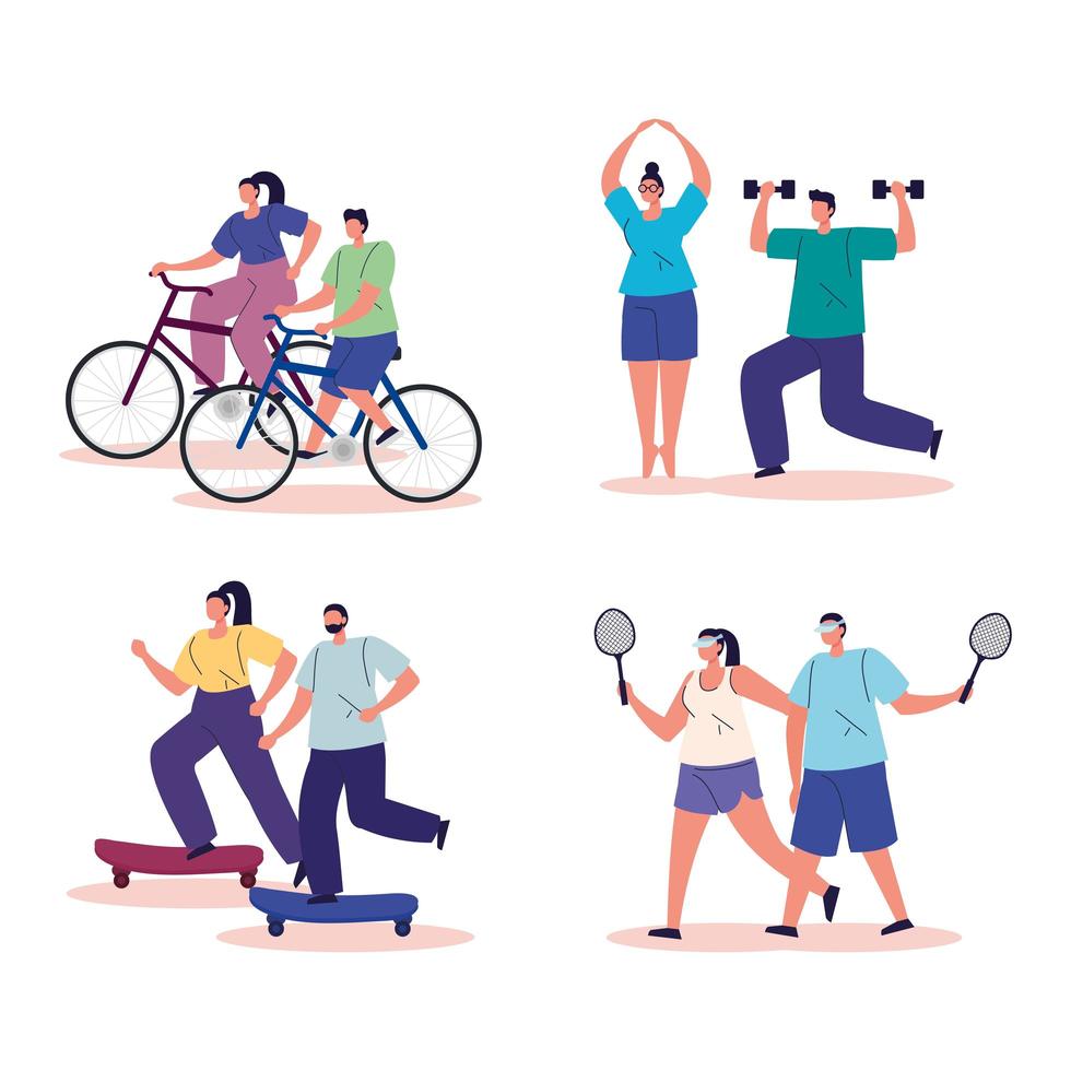 group of people practicing exercise avatar characters vector