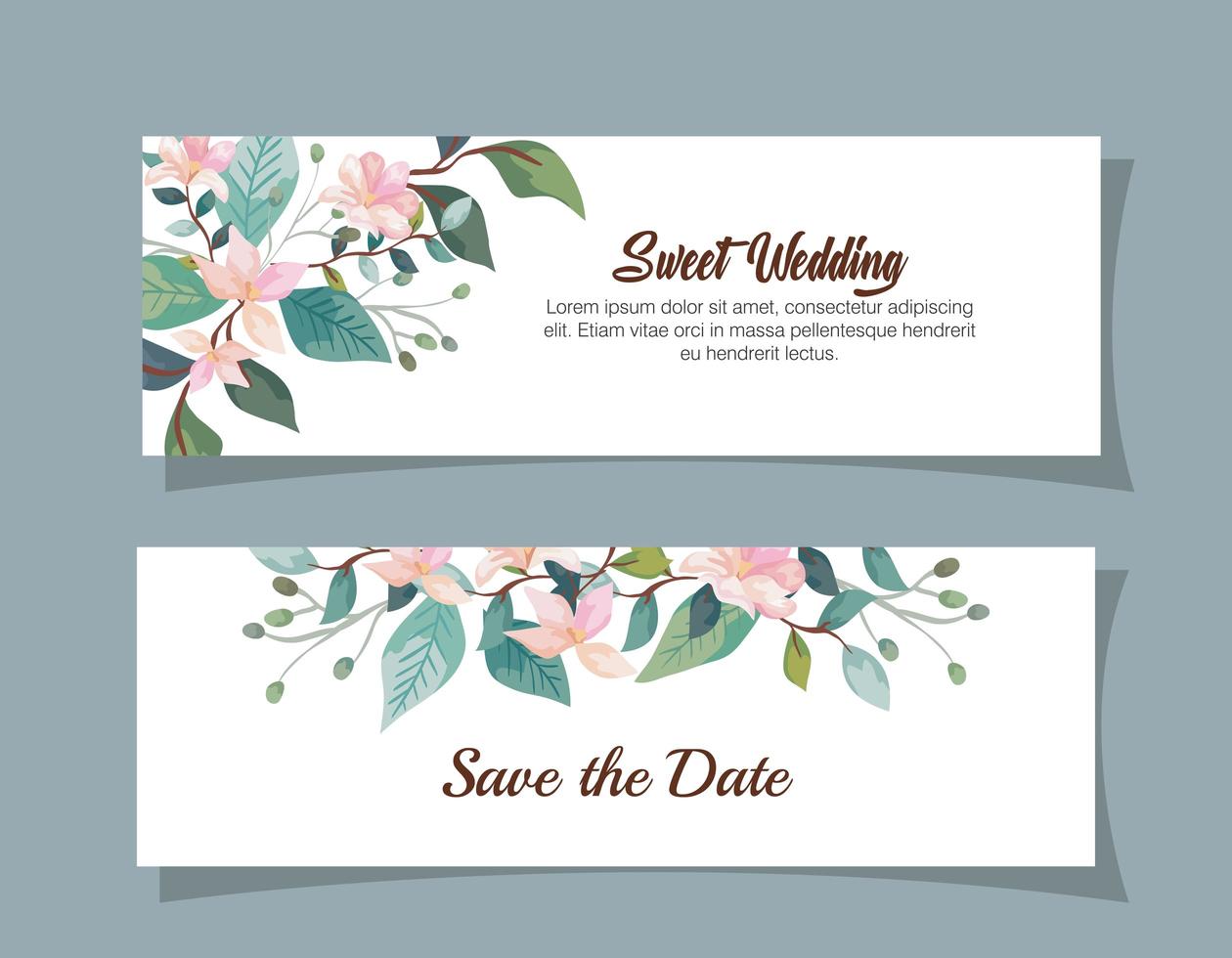 conjunto de tarjetas de invitación de boda con decoración de flores vector