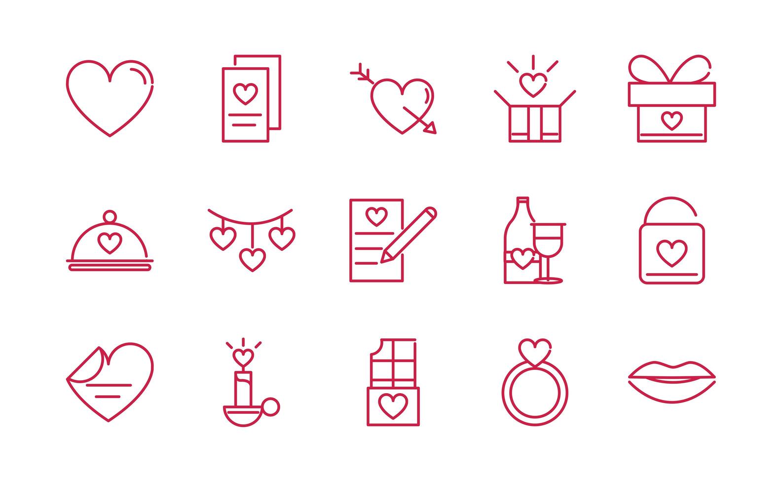 Feliz día de san valentín pasión romántica amor conjunto de iconos de diseño de línea roja vector