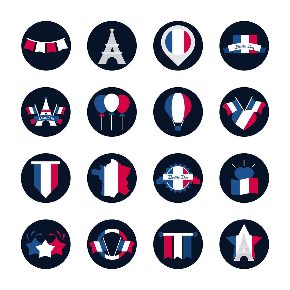 Francia y el bloque del día de la bastilla y el diseño del vector del conjunto de iconos de estilo plano