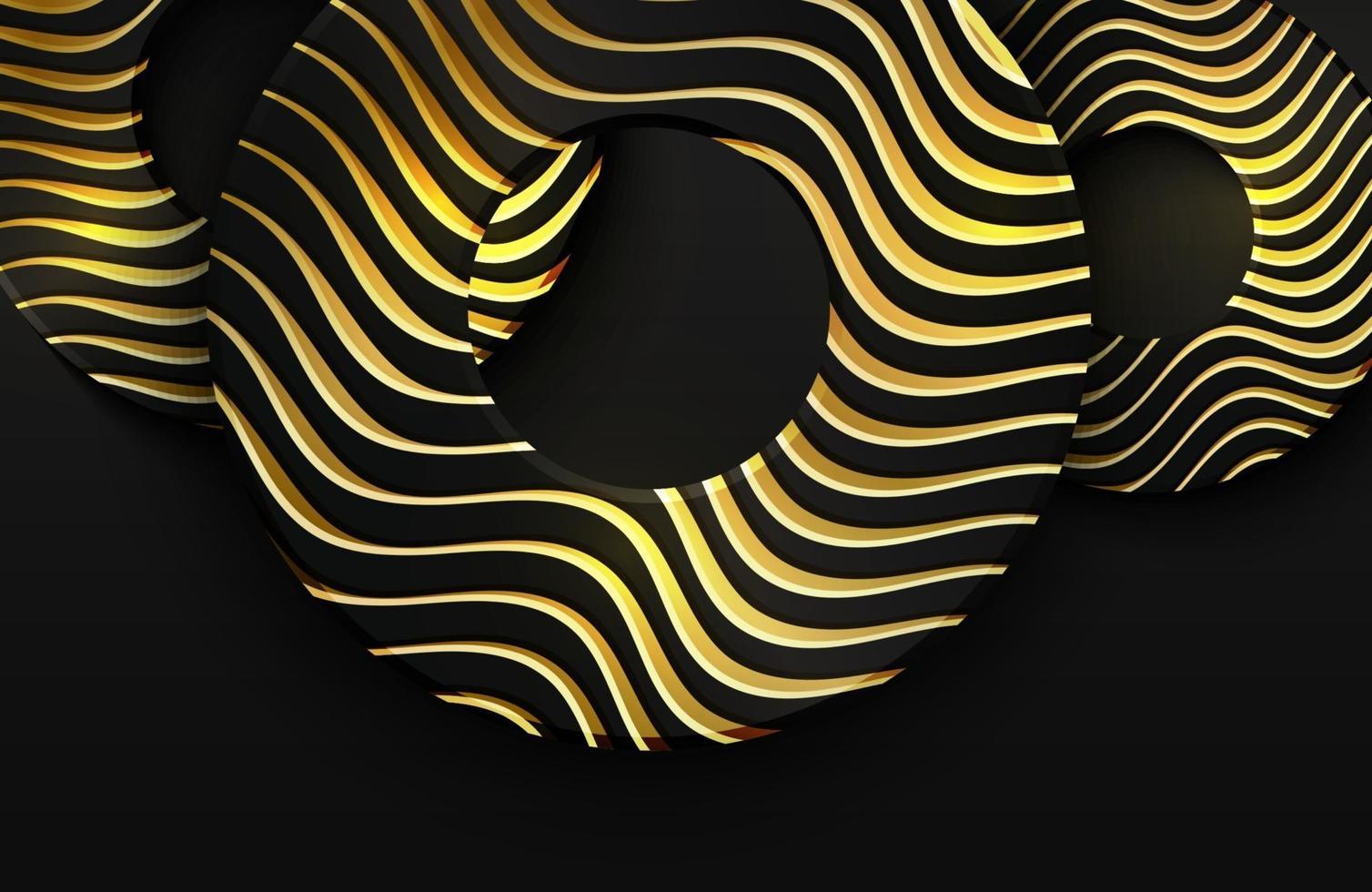 Luxury 3d realistic background with gold circle shape. Vector illustration of black circle shapes textured with golden wavy lines