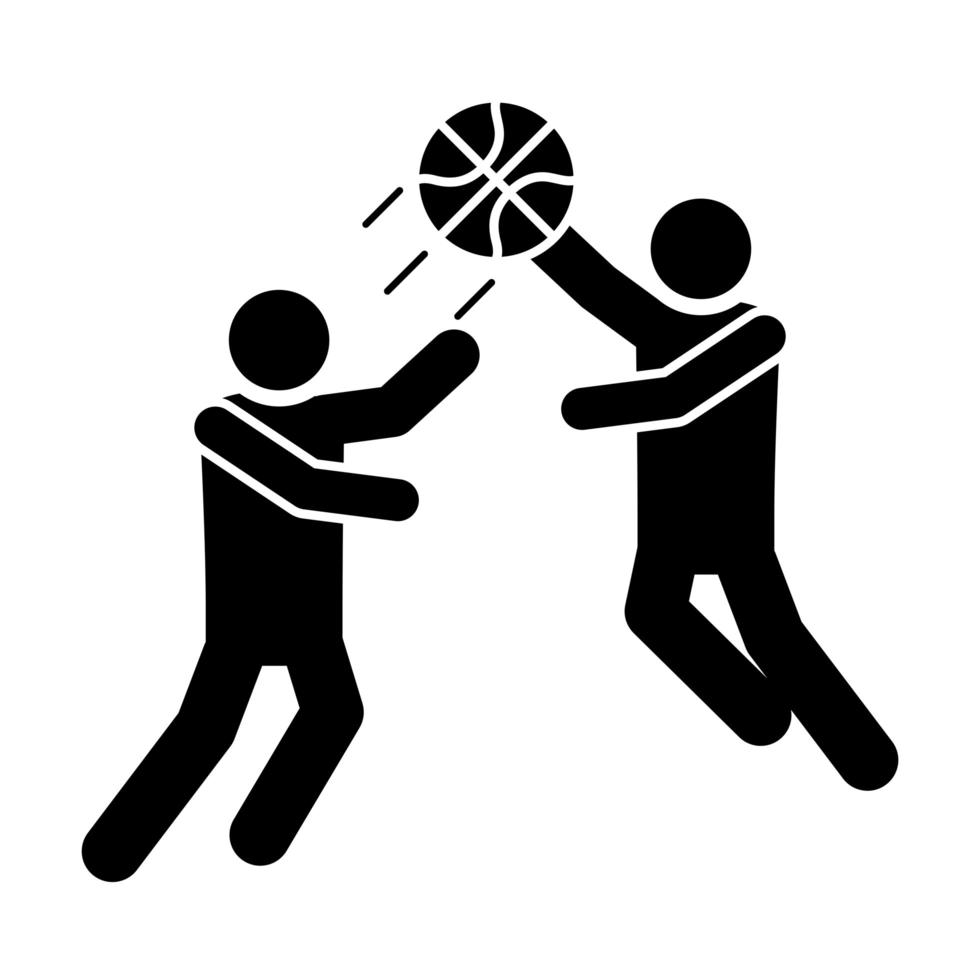 juego de baloncesto, deportistas, con, pelota, recreación, deporte, silueta, estilo, icono vector