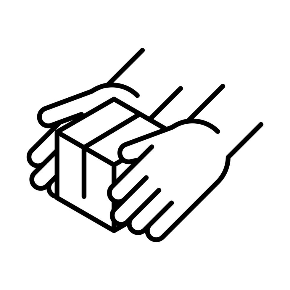 delivery packaging hands giving cardboard box cargo distribution logistic shipment of goods line style icon vector