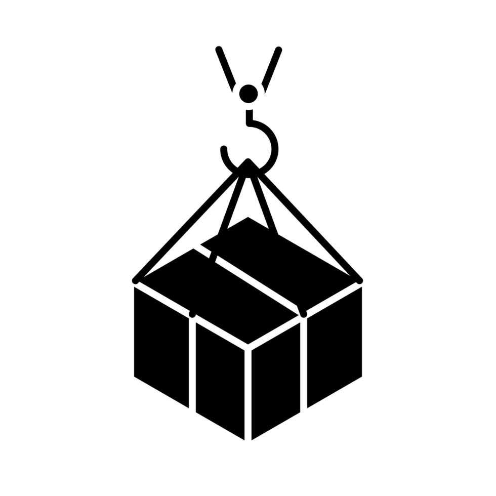 entrega embalaje caja de cartón en gancho distribución de carga logística envío de mercancías icono de estilo de silueta vector