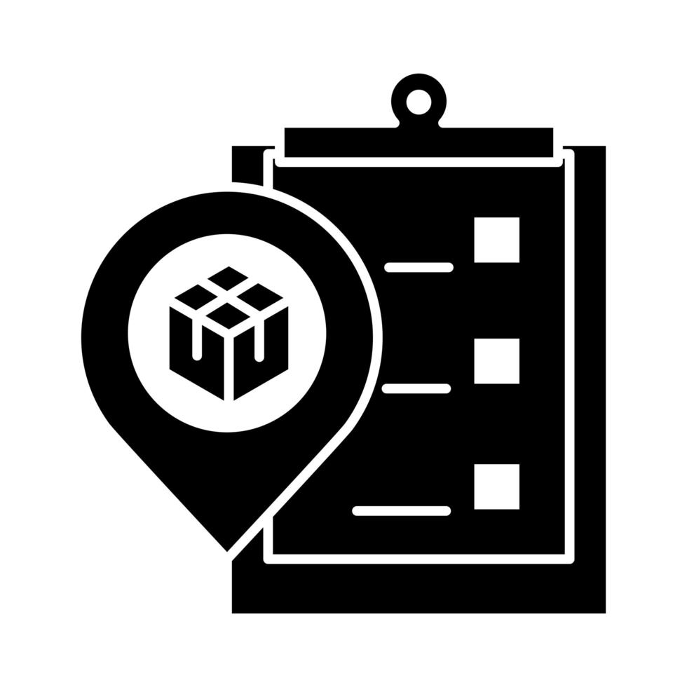 delivery packaging logistics gps navigation pin cardboard box cargo distribution silhouette style icon vector