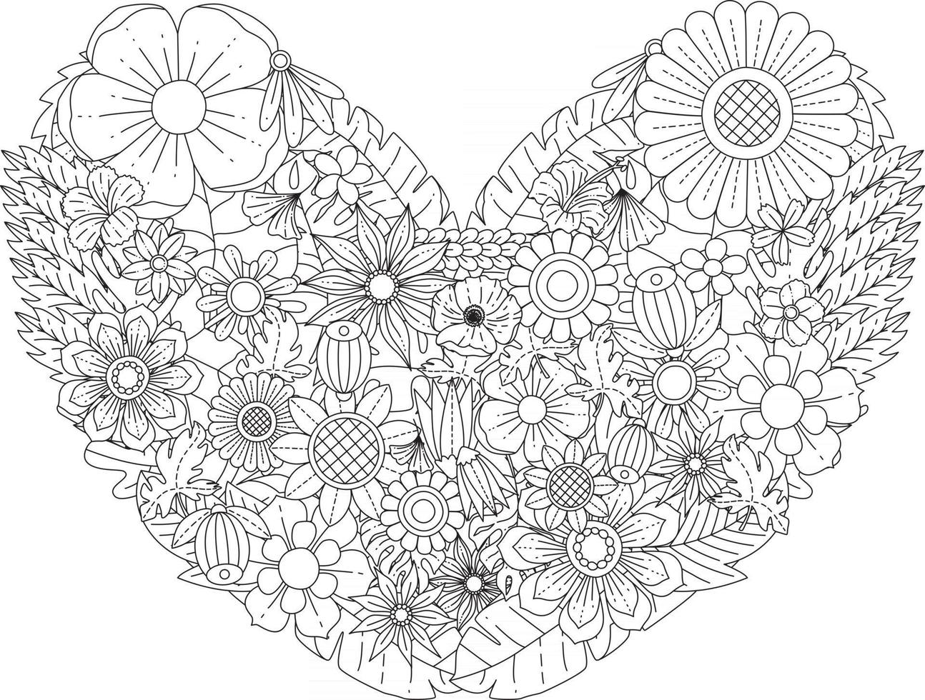 Mandala flores página para colorear para adultos y niños patrones de adornos florales orientales en forma de corazón ilustración vectorial vector