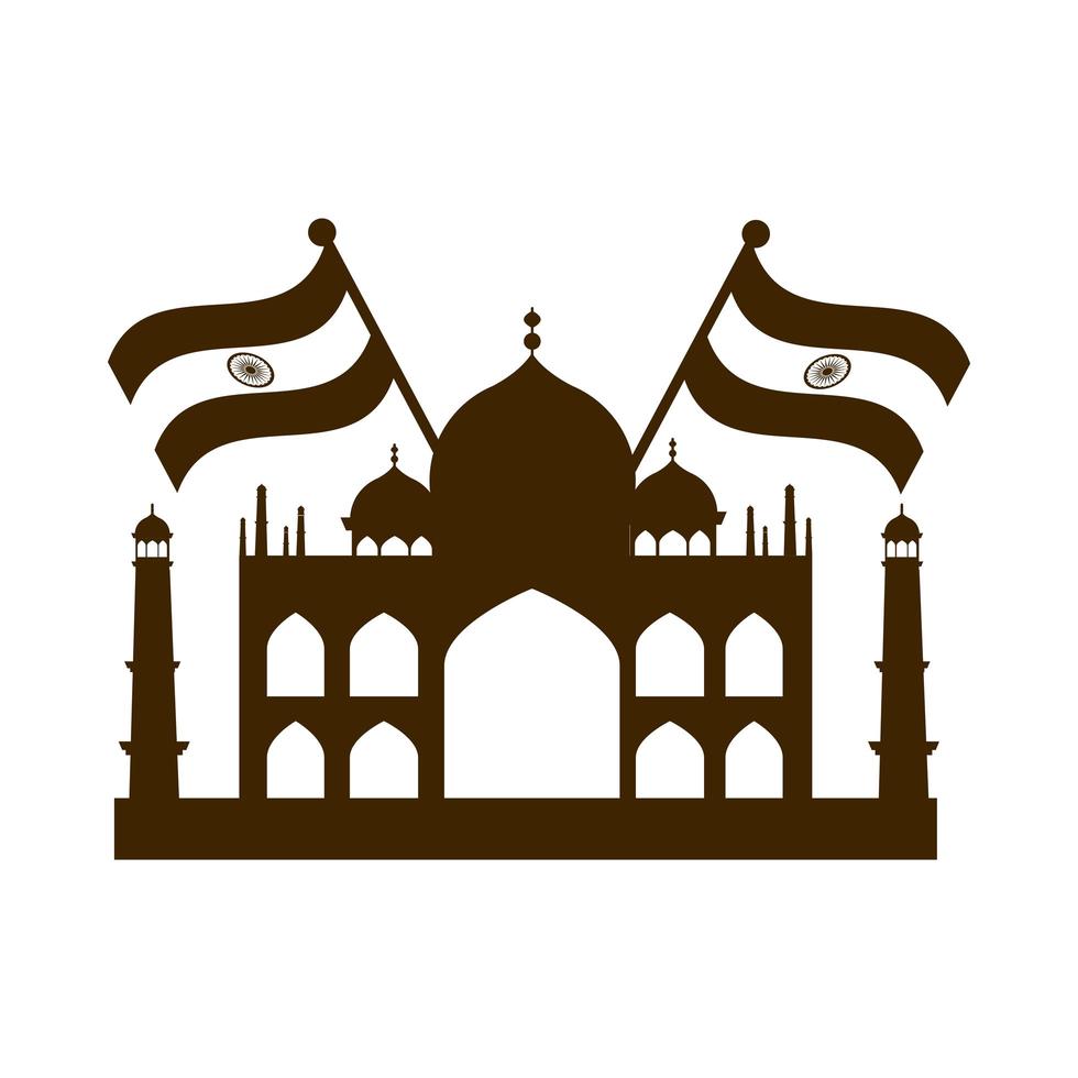 happy independence day india famous taj mahal temple flags silhouette style icon vector