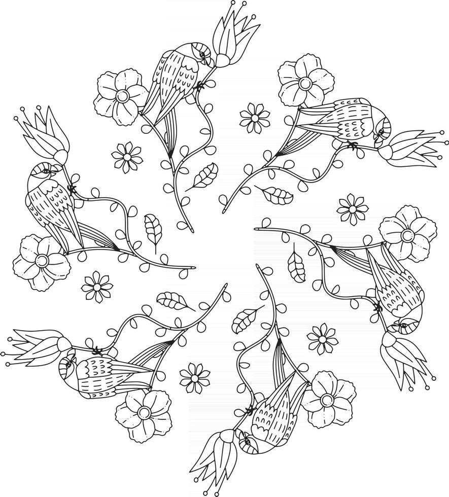 Birds in the garden forest with flowers fruits leaves tropical outline monogram coloring page vector