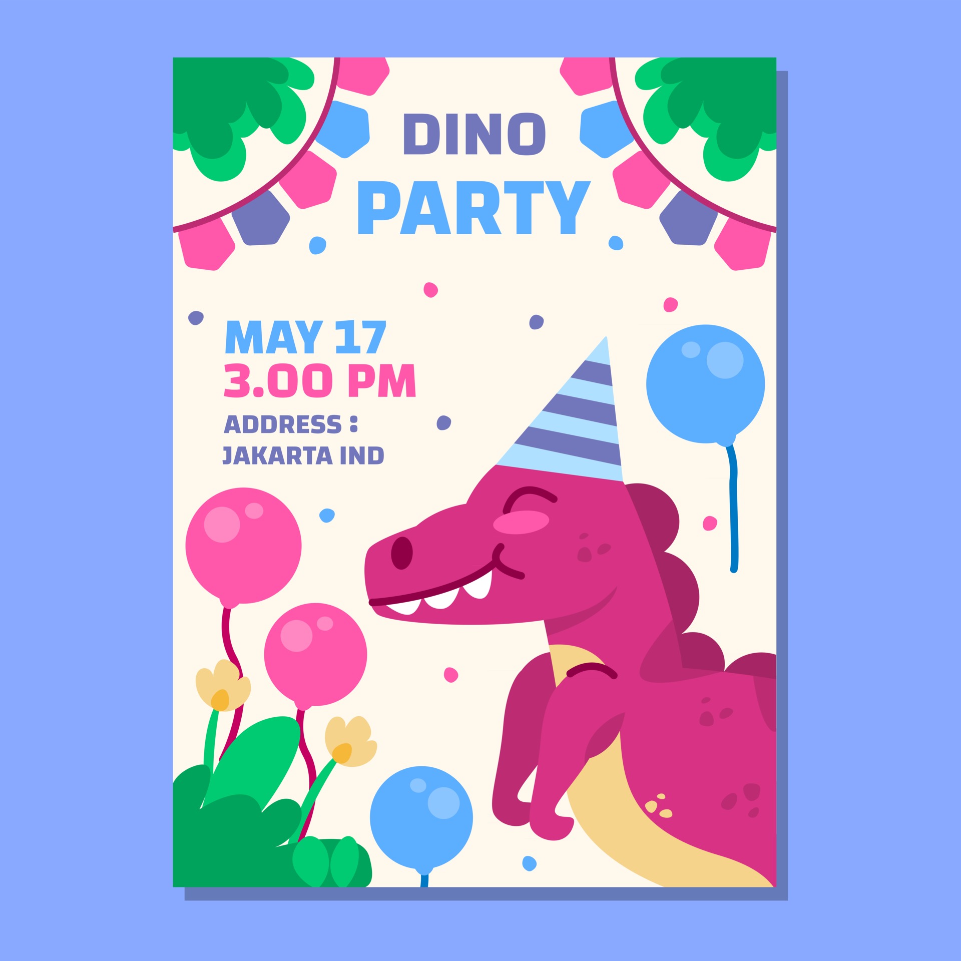 plantilla de vector de invitación de fiesta de cumpleaños de dinosaurio.  Afiche de celebración de cumpleaños