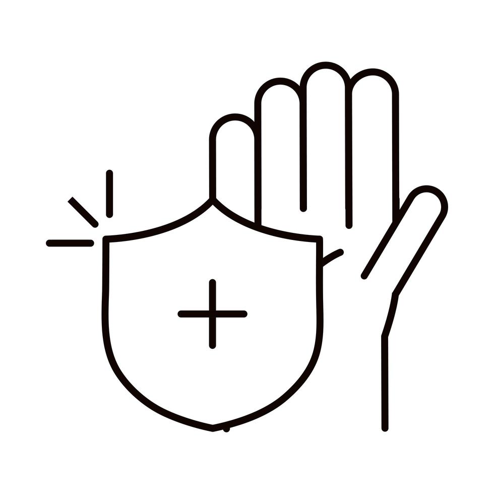 covid 19 coronavirus prevention hand with shield protection spread outbreak pandemic line style icon vector
