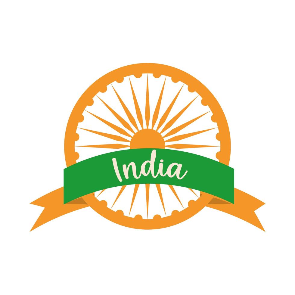 happy independence day india ashoka wheel ribbon and letters flat style icon vector