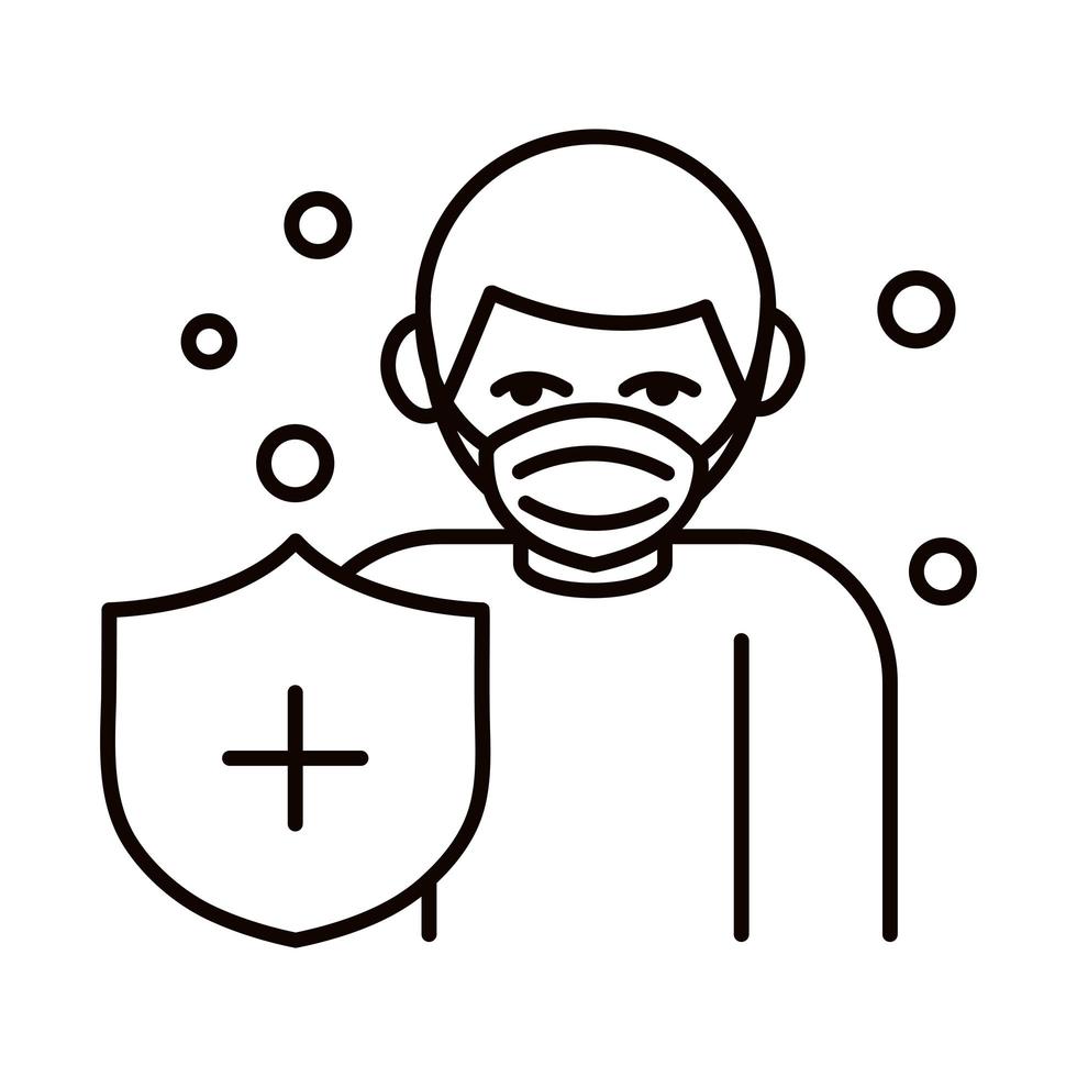 covid 19 coronavirus prevention man wearing medical mask protection spread outbreak pandemic line style icon vector