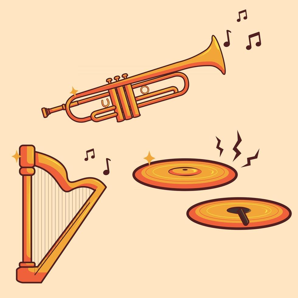 Vector Set Of Gold Music Instruments. Trumpet, Harp, And Cymbals Illustration