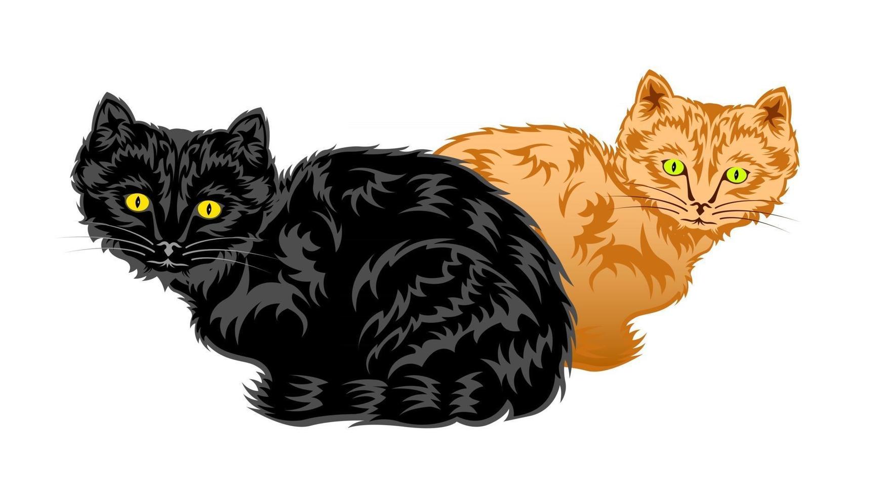 estilo de dibujos animados de gato negro y gato rojo vector