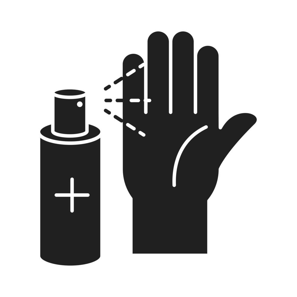 limpieza desinfección spray antiséptico botella en mano prevención de coronavirus productos desinfectantes silueta estilo icono vector