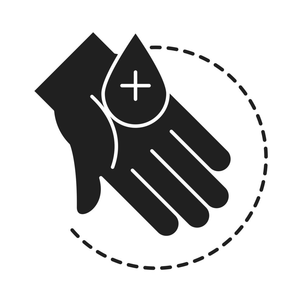 limpieza desinfección mano con gota de agua prevención de coronavirus productos desinfectantes silueta icono de estilo vector