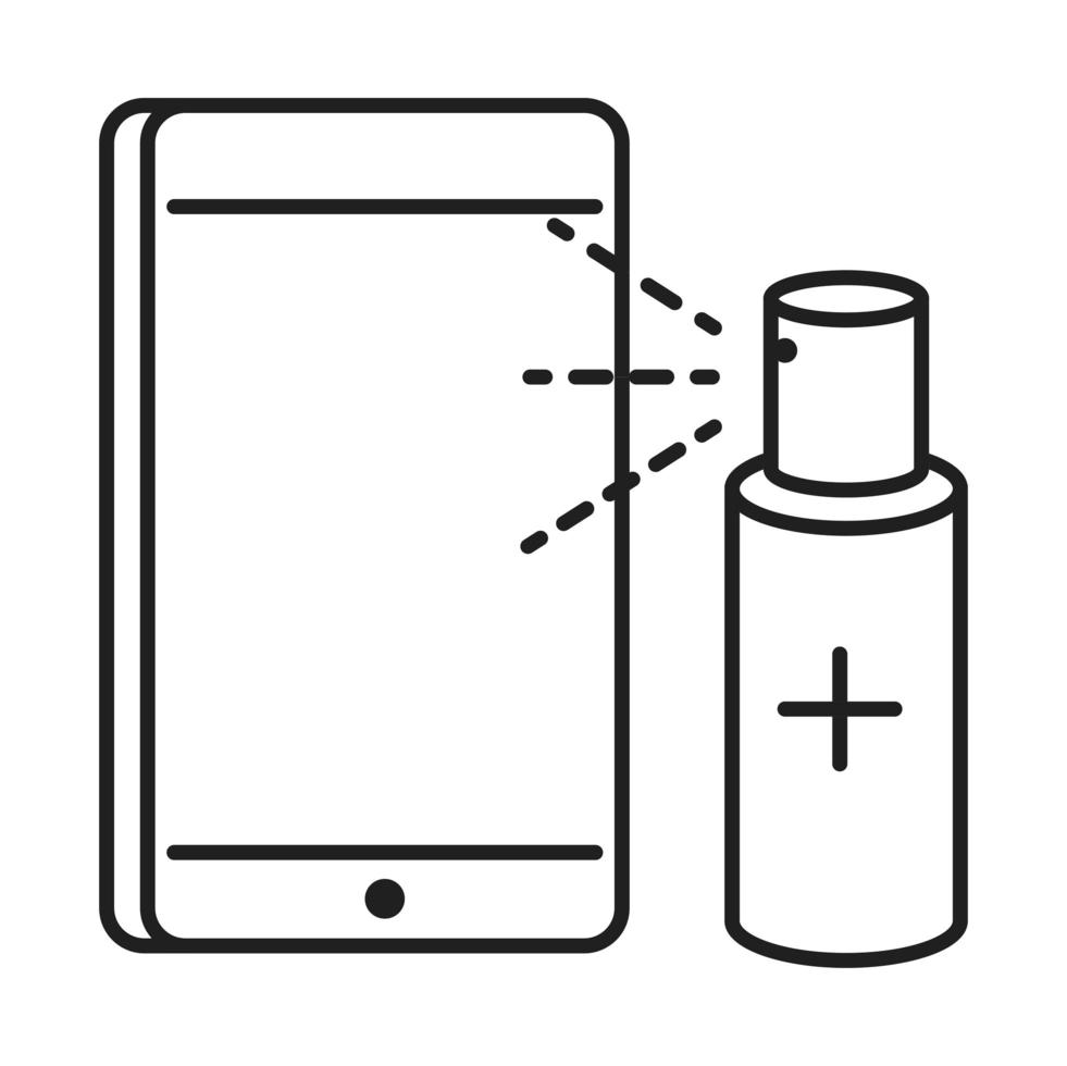 limpieza desinfección teléfono inteligente aerosol alcohol prevención de coronavirus productos desinfectantes icono de estilo de línea vector