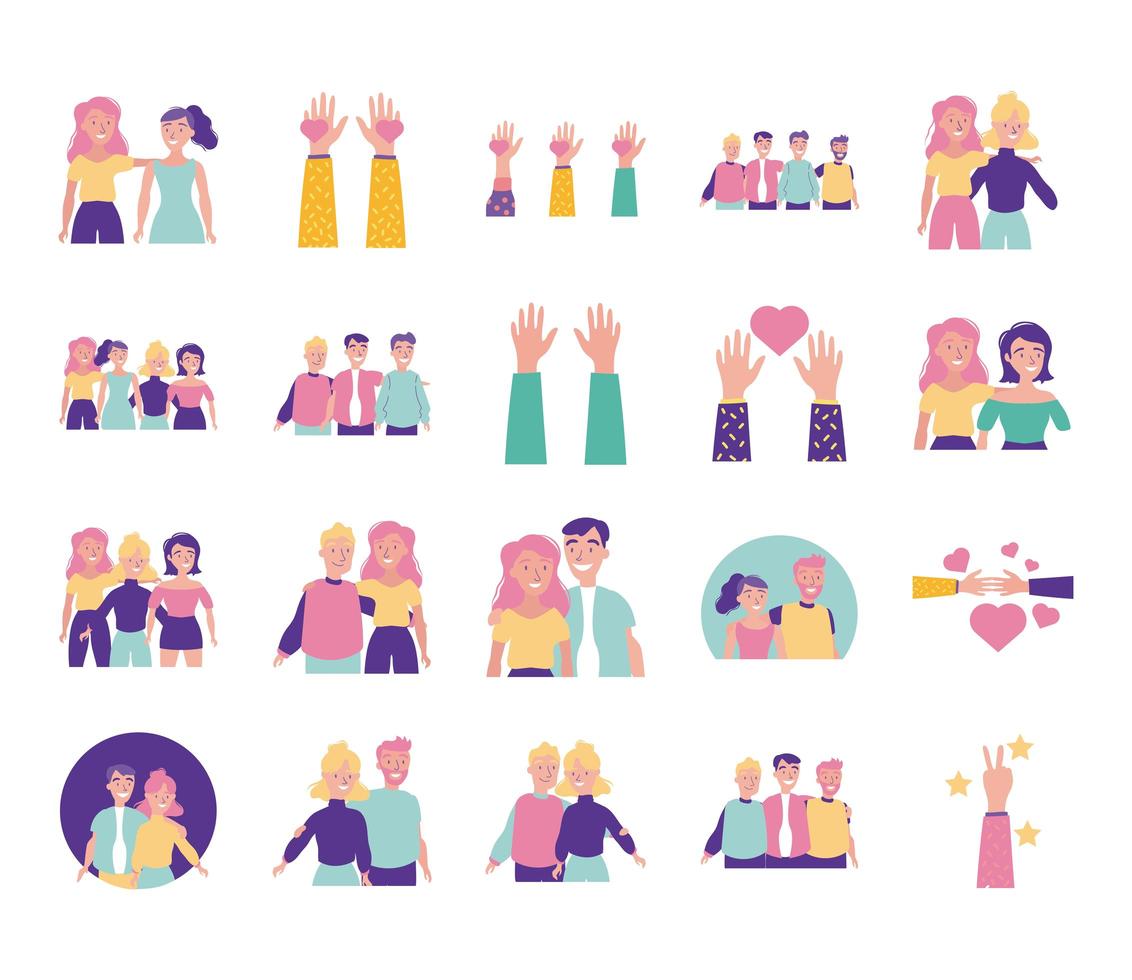 happy friendship day celebration with people and icons set vector