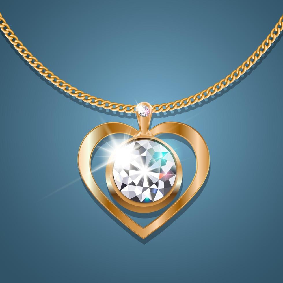 Necklace with a heart-shaped pendant on a gold chain. With a large gold-set diamond in the center. Decoration for women. vector