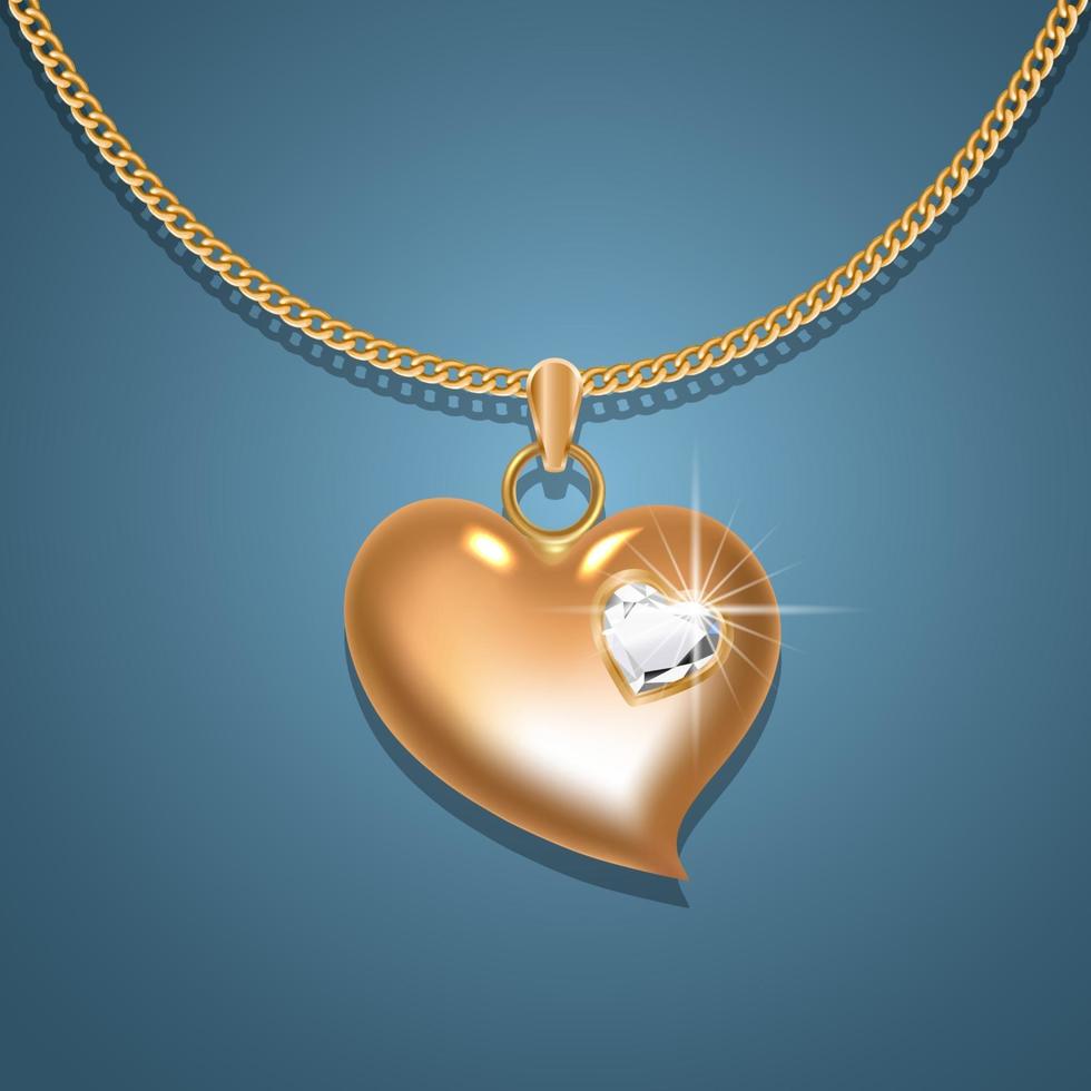 Necklace with a heart-shaped pendant on a gold chain. With a large gold-set diamond in the center. Decoration for women. vector