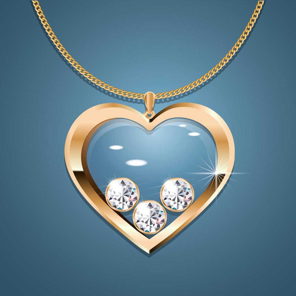 Necklace with heart pendant on a gold chain. With three gold-set diamonds. Decoration for women. vector