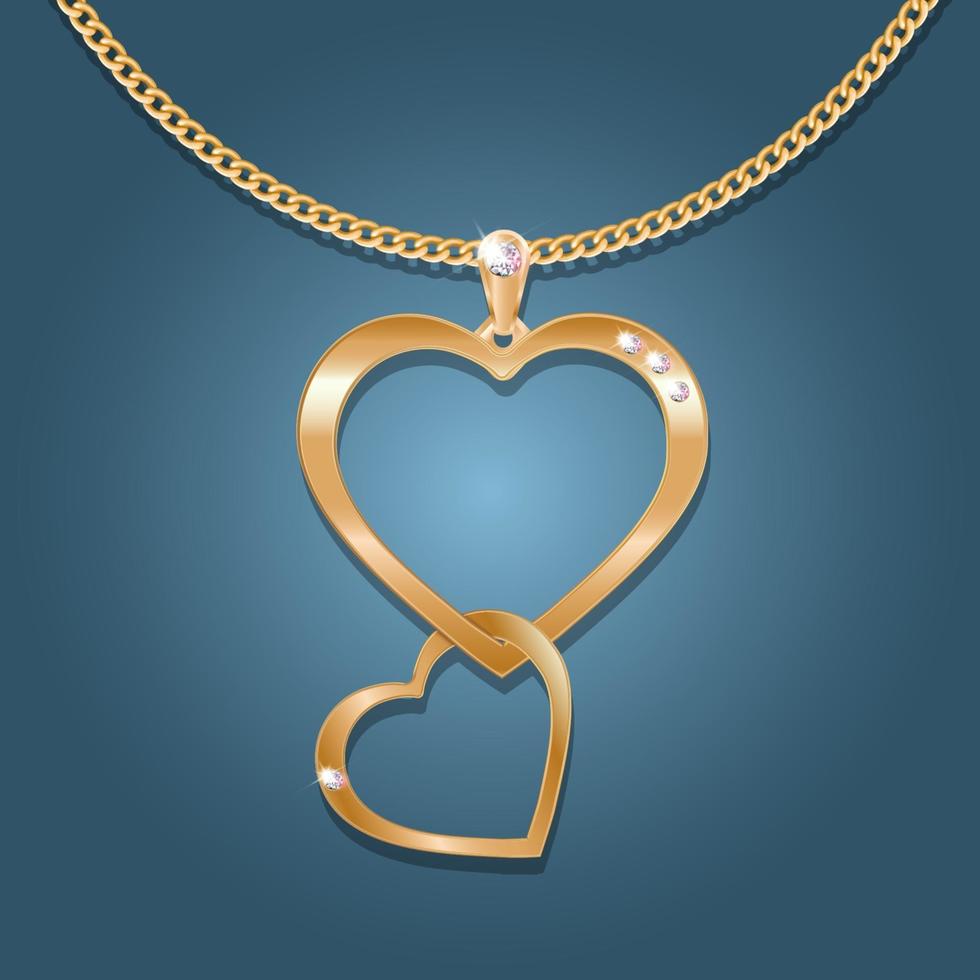 Necklace with a two heart pendant on a gold chain. Inlaid with diamonds. Decoration for women. vector
