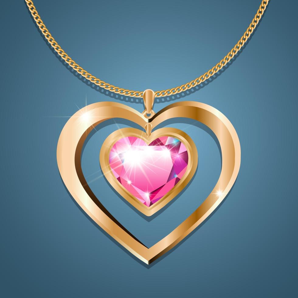 Necklace with heart pendant on a gold chain. With a jewel of crimson color in a gold frame. Decoration for women. vector