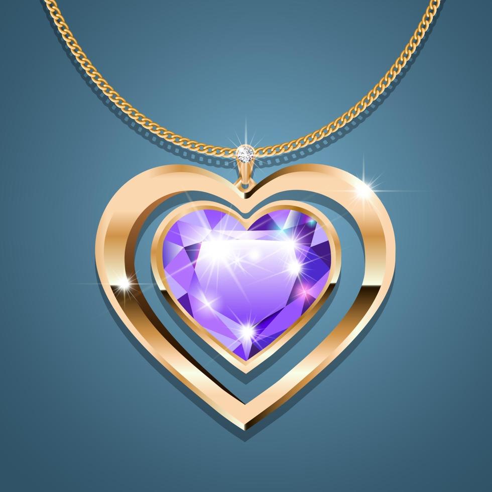 Necklace with heart-shaped pendant on a gold chain. With a gemstone of purple color in gold setting. Decoration for women. vector