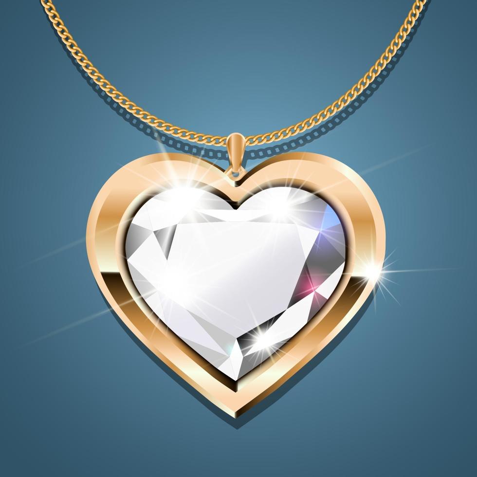collar con colgante de corazón en una cadena de oro. con un brillante diamante engastado en oro. decoración para mujer. vector