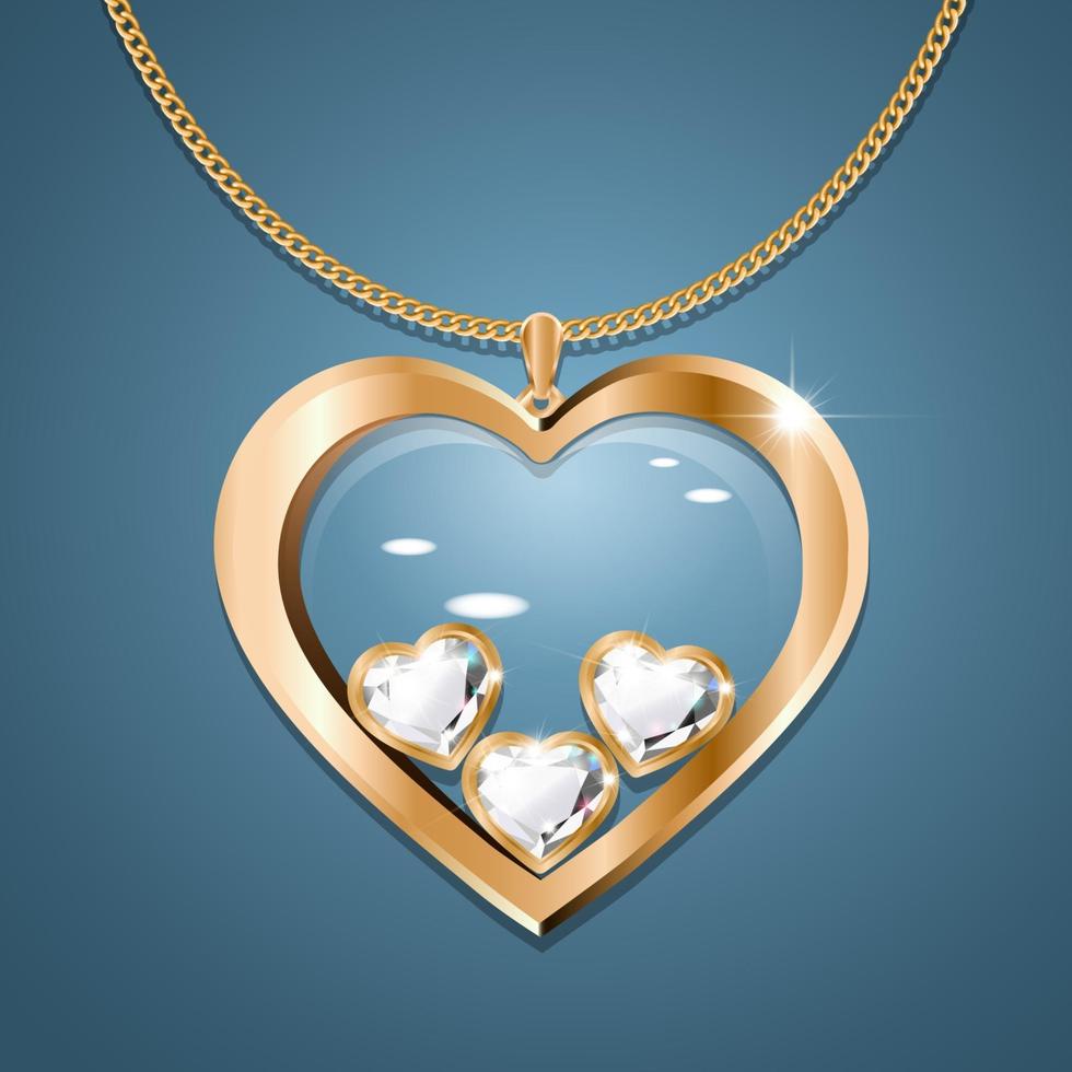 Necklace with heart pendant on a gold chain. With three heart-shaped diamonds in gold. Decoration for women. vector