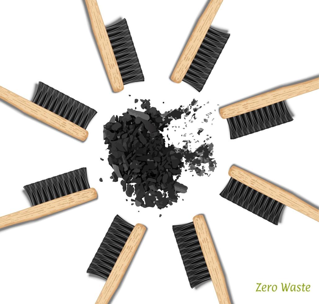 Banner Bamboo Toothbrushes in a circle. Zero waste, set of brushes with black bristles. Charcoal, carbon. Biodegradable material. vector